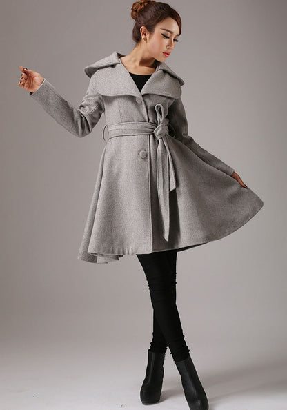 Wool Coat Dress – Vintage Fit and Flare Winter Overcoat with Belt 0336