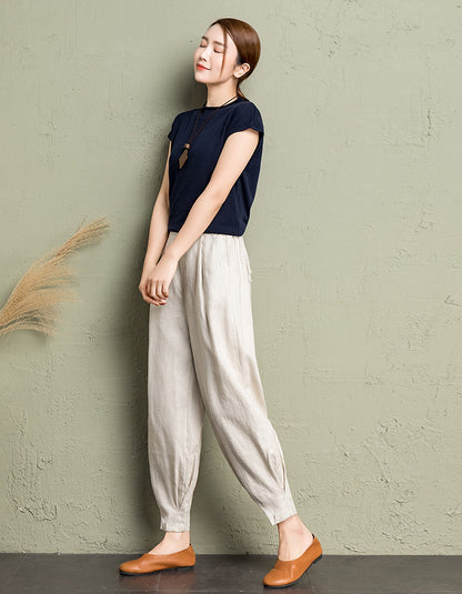 Rust Red Linen Cotton Wide Leg Pants - Back Elastic Waist Comfort 2607