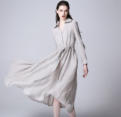 Gray Linen Maxi Dress - Flowy with Front Buttons 1166