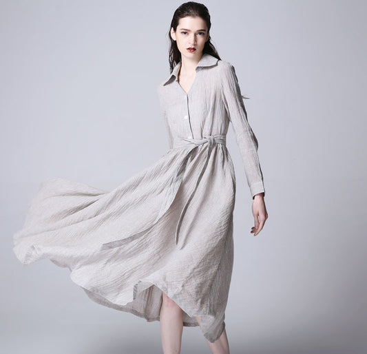 Gray linen dress maxi dress women dress 1166#