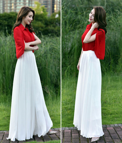 White Chiffon Long Swing Skirt - High Waist Elastic Closure 2946