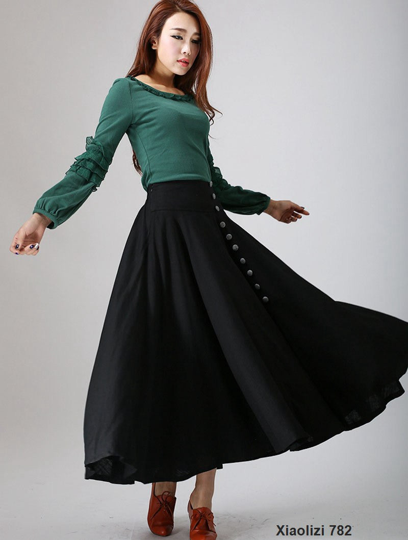 Black linen maxi skirt woman's long skirt with button detail 782 ...
