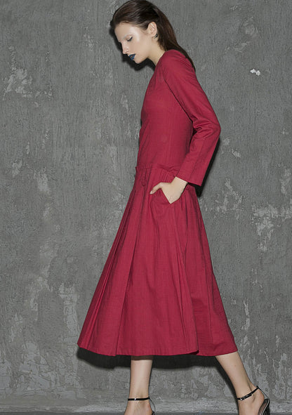 Red Linen Maxi Dress - Round Neck, Long Sleeve 1313