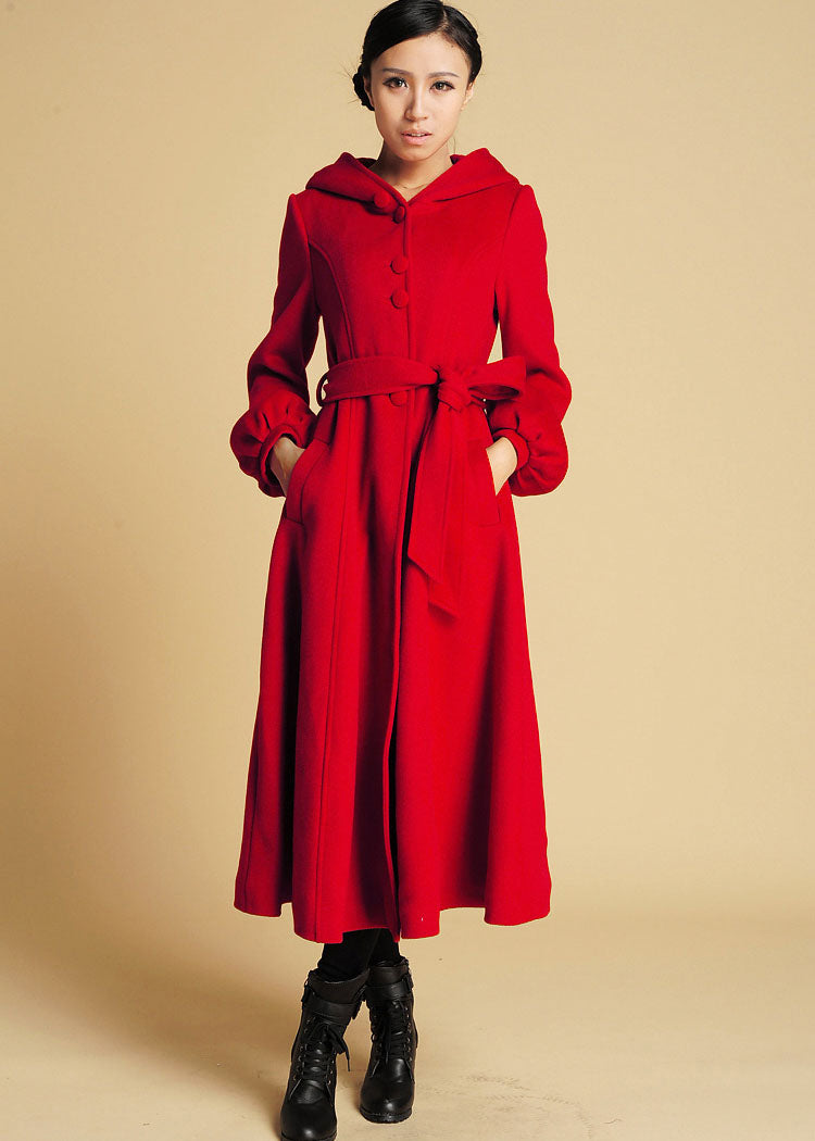 Red Wool Swing Coat with big hood 0394