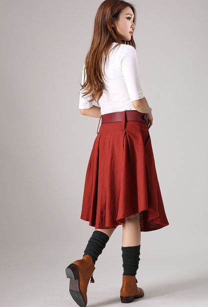 Red Linen Cotton Pleated Skirt with Irregular Hem and Pockets | Xiaolizi 0852