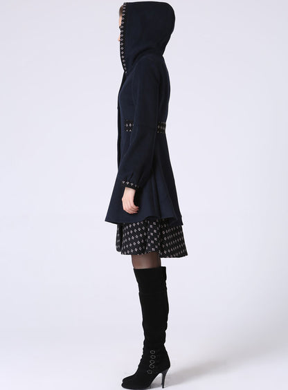 Vintage Hooded Wool Coat – Unique Contrast Trim & Flared Hem 1059