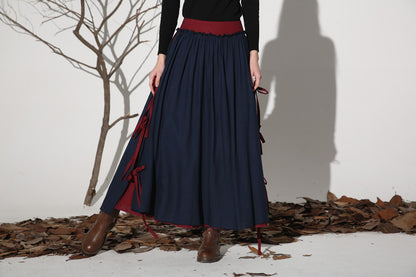 Navy Linen Maxi Skirt - Layered Contrast Patchwork 1159