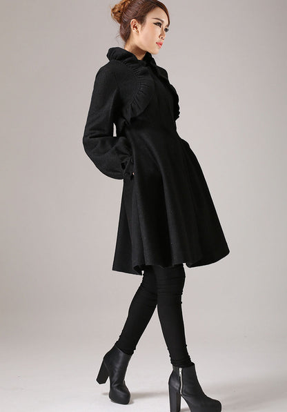 Vintage Wool Coat for Women – Handmade Black A-Line Winter Coat with Ruffle Shoulders | Xiaolizi 0775