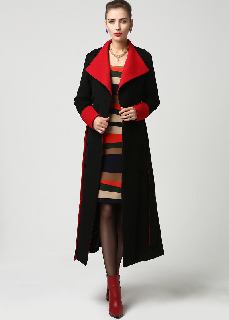 Womens Long Black Wool Coat with Red Detailing and Shawl Collar 1106#