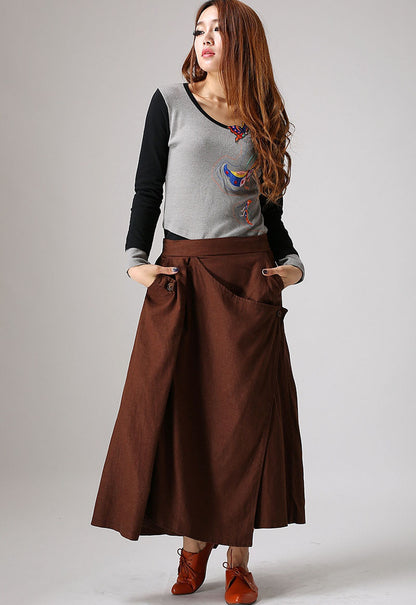 Brown Linen Maxi Skirt - Irregular Hem with Side Pockets 858