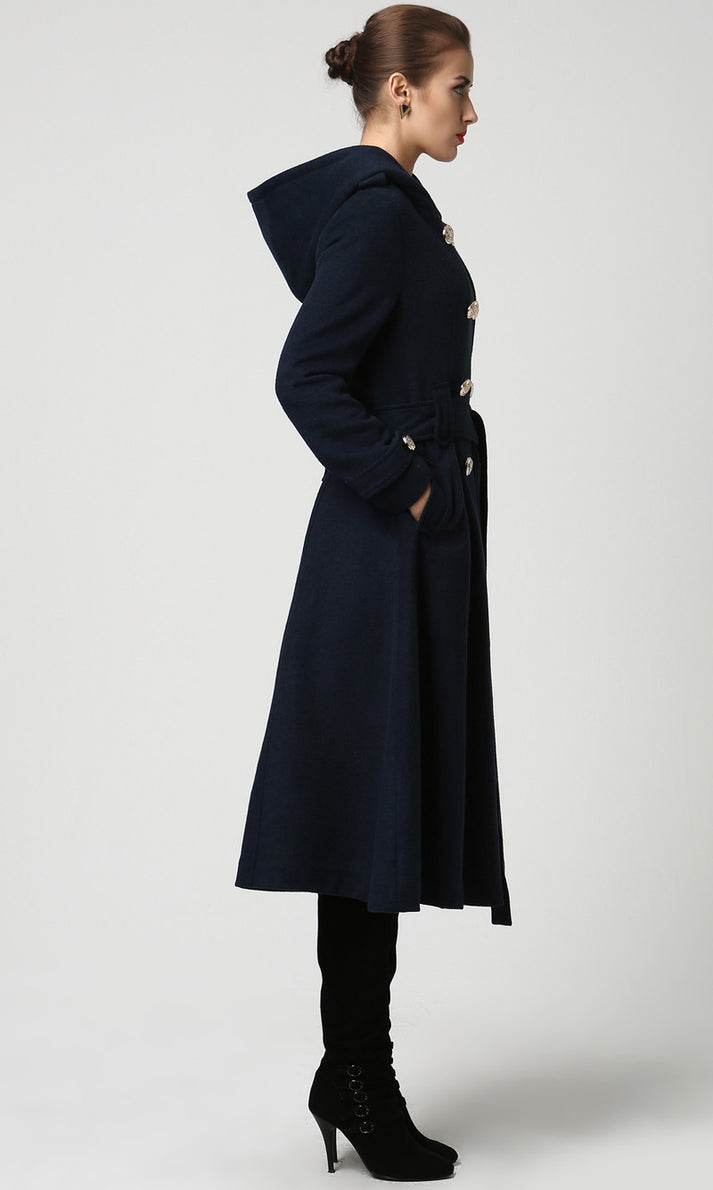 Women's military wool coat with hood in navy blue 1114 XiaoLizi