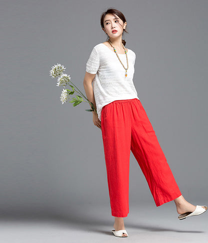 White Linen Wide Leg Pants - Elastic Waist, Above Ankle Length 2610