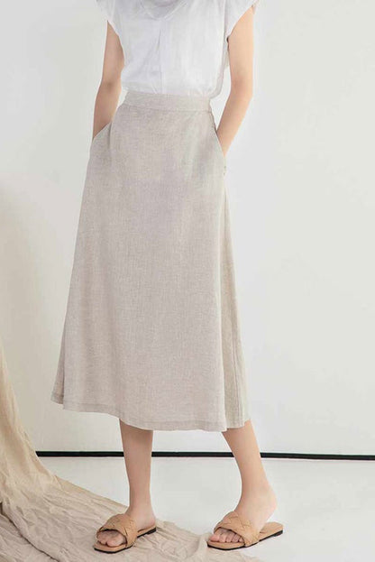 Linen A-Line Midi Skirt - Elastic Waist Two Pockets | Xiaolizi 2396