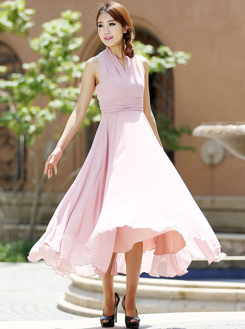 Pink chiffon dress - women maxi dress wedding dress - custom made (1009)