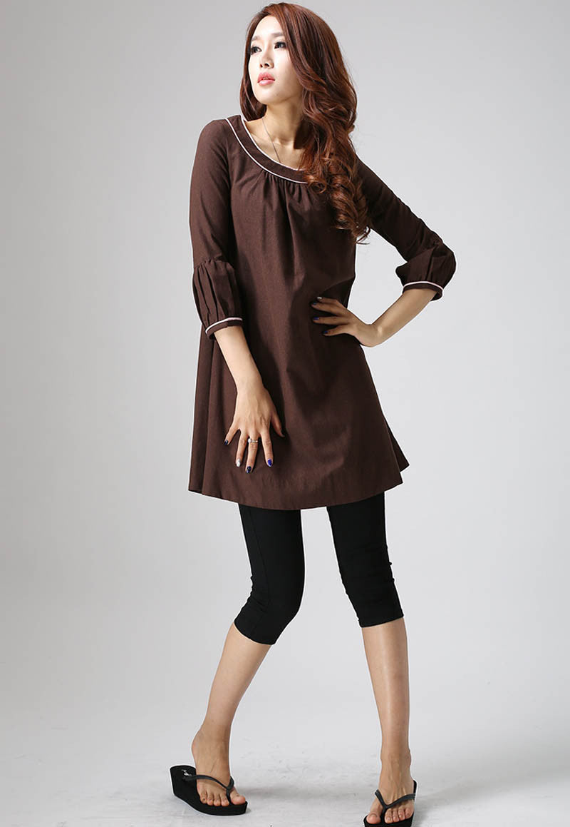 Handmade Brown Linen Tunic Dress 3/4 Sleeve A-Line Mini | Xiaolizi Brown / M Handmade Brown Linen Tunic Dress 3/4 Sleeve A-Line Mini | Xiaolizi Brown / M