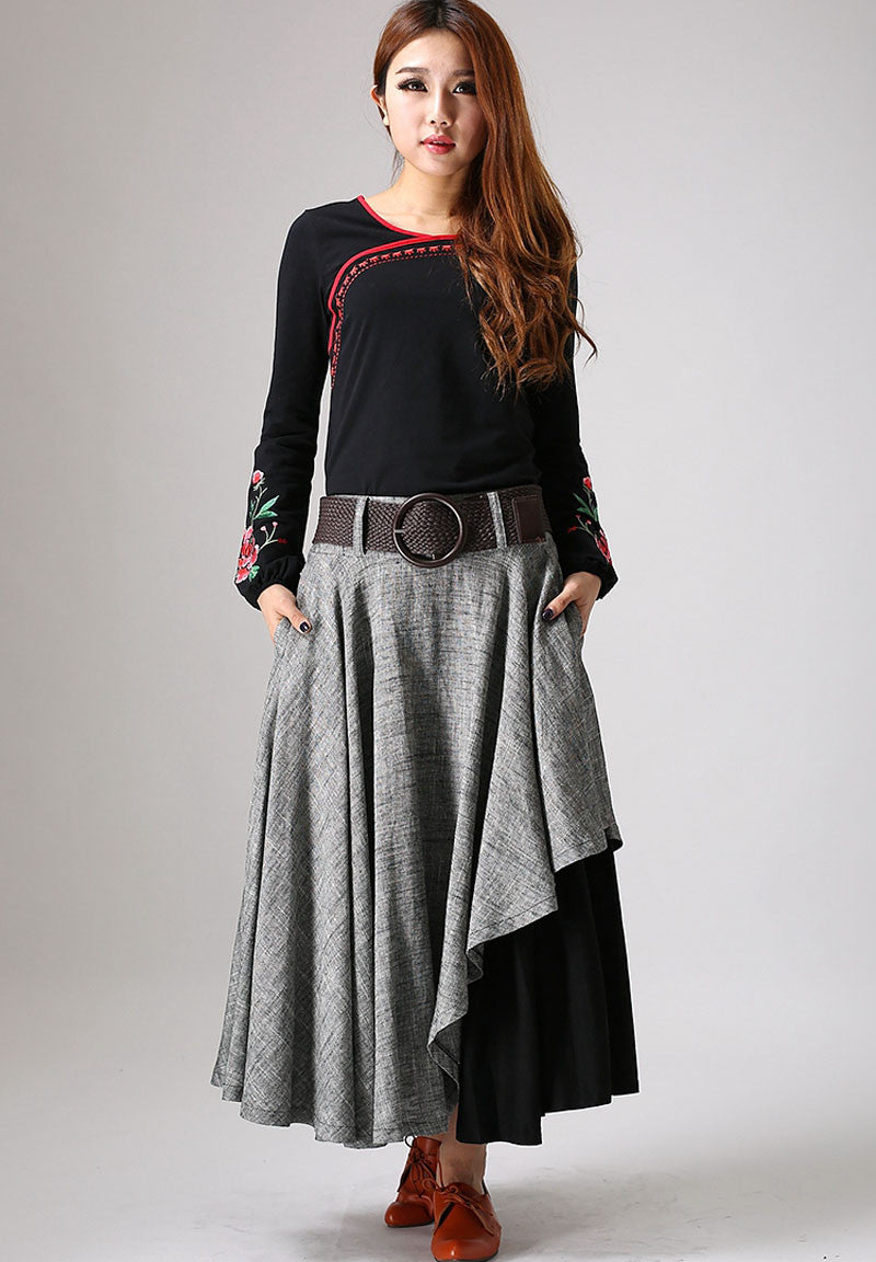 Gray linen skirt woman maxi skirt custom made layered long skirt 0868#