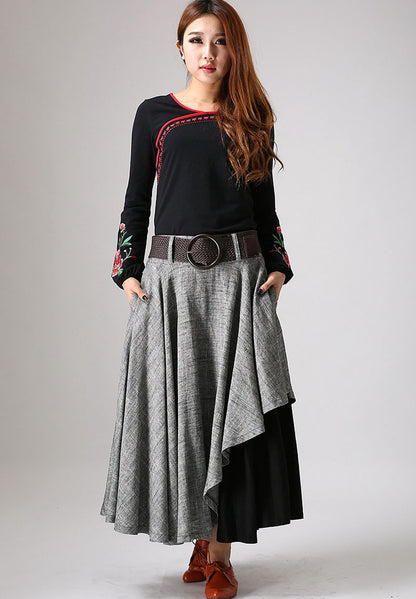 Gray Linen Maxi Skirt - Layered Pleated A-Line with Hip Pockets 868