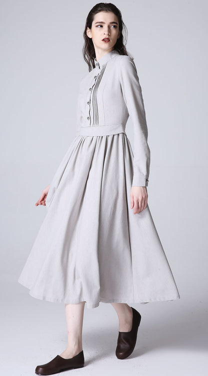 Light Grey Linen Dress - Pleated Front, Tea Length 1178
