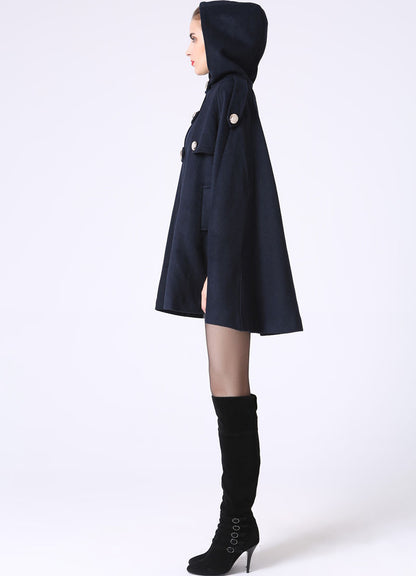 Navy Blue Hooded Wool Cape – Handmade Double-Breasted Winter Coat | Xiaolizi 1057