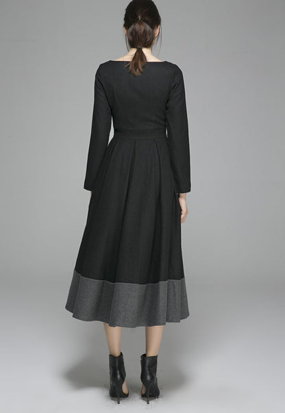 Handmade Wool Winter Dress – Black & Gray Color-Block Midi | Xiaolizi  1359