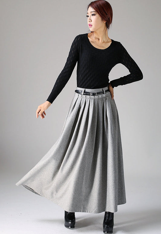 Light gray wool skirt maxi skirt 1095#