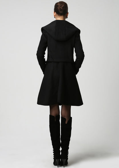 Black Hooded Wool Coat for Women – Oversized Winter Jacket with Big Hood | Xiaolizi 1123