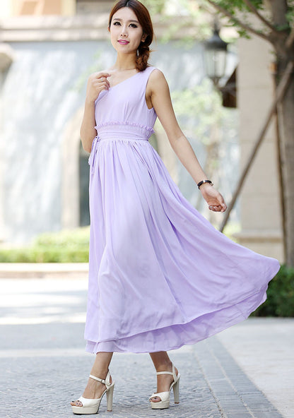 Lavender Chiffon Maxi Dress - One-Shoulder, Gathered Waist 1031