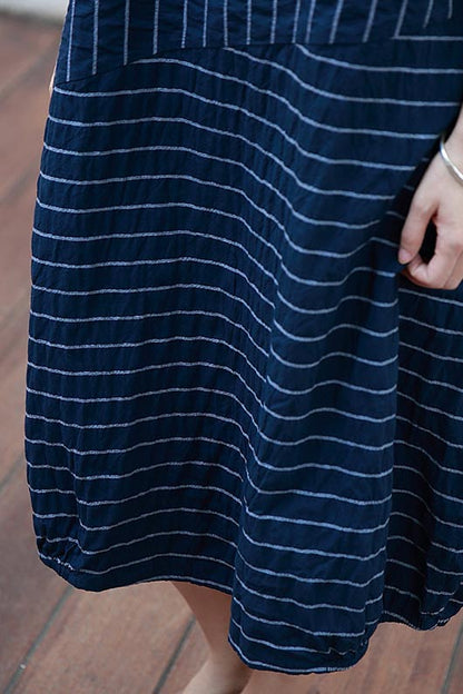 Navy Cotton Dress - Casual Short Sleeve with Thin Stripes CYM313