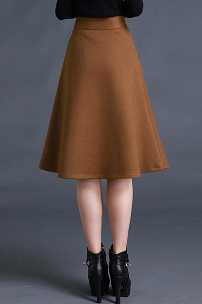 Brown Wool A-Line Skirt - Natural Waist, Irregular Hem S023