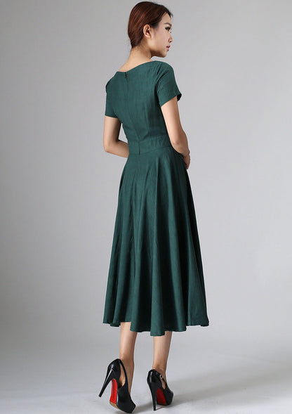 Elegant Linen Blend Midi Dress – Vintage Fit and Flare Boat Neck Dress 0971