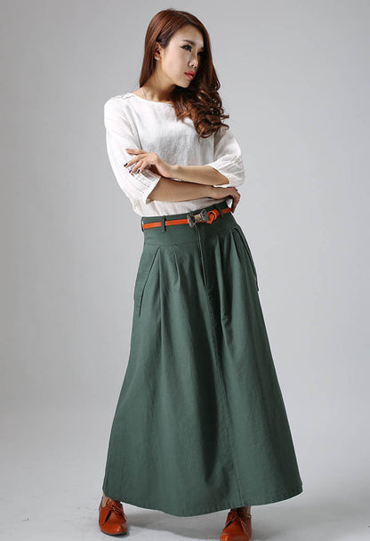 Green Linen Cotton Blend Long Pleated Skirt - Ankle Length with Pockets 813