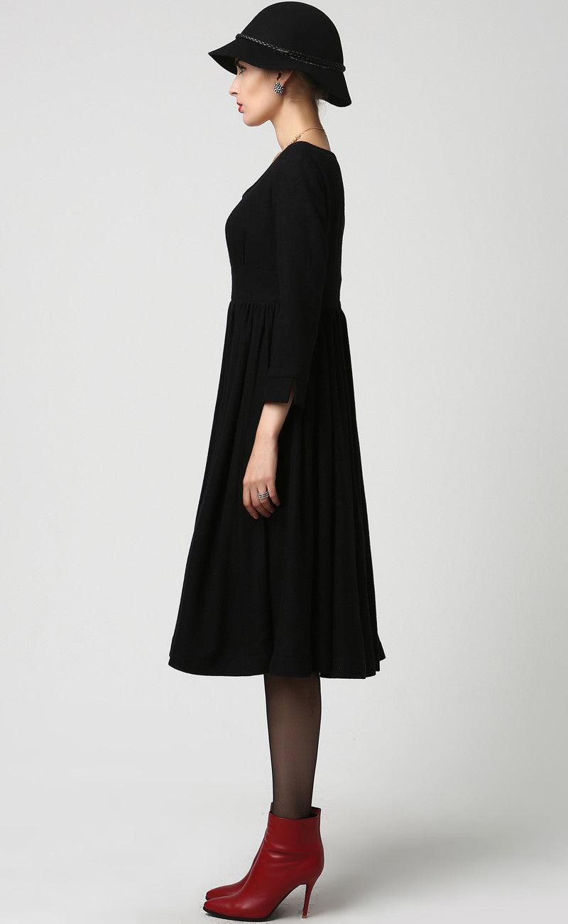 Long Black Wool Midi Dress (1126)