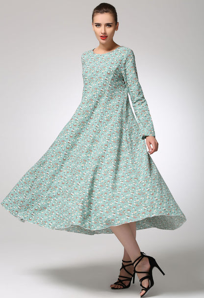 Floral Linen Maxi Dress - A-Line Silhouette with Long Sleeves 1244