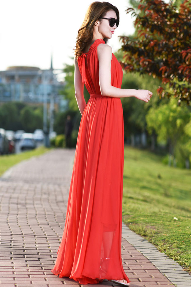 Red Halter Maxi Swing Chiffon Dress 2923