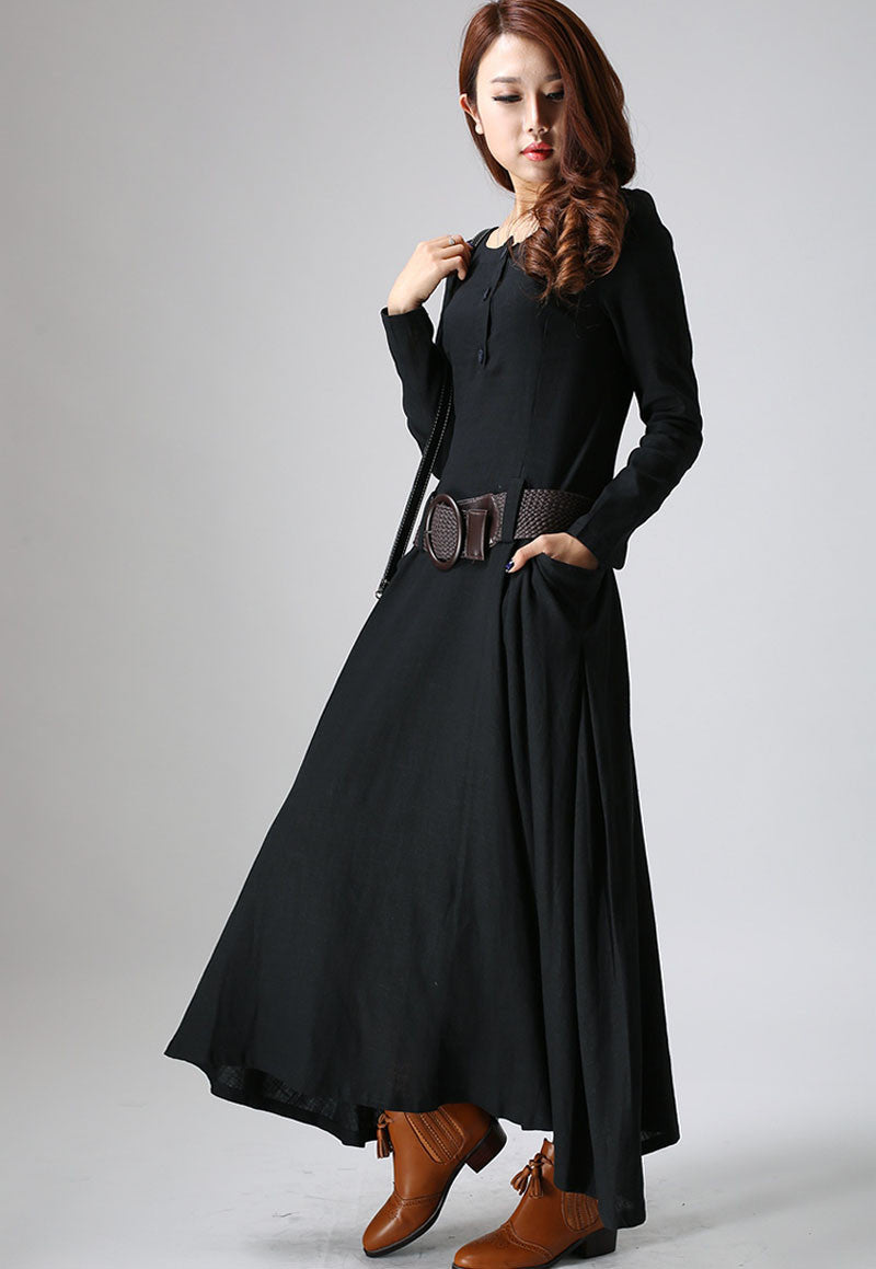 Black dress maxi linen woman's long sleeve dress casual dress custom made 805#