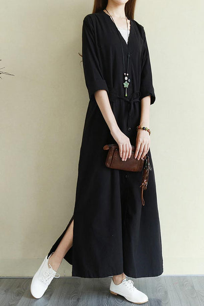 Yellow Linen Maxi Dress - V Neck Long Sleeve Loose Waist CYM341
