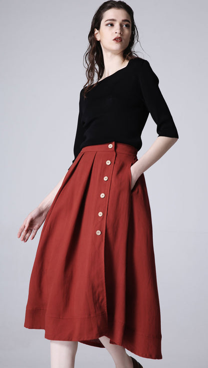 Wine Red Linen Midi Skirt - Casual A-Line with Decorative Buttons 1196