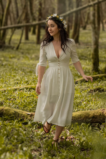 White Linen Cotton Midi Dress - Deep V-Neck A-Line | Xiaolizi 2738