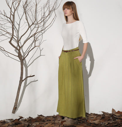 Women’s Green Linen Maxi Skirt – Vintage Pleated Long Skirt with Belt Loops | Xiaolizi 1153