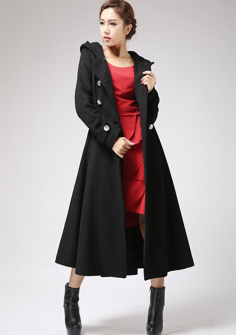 womens's winter long wool jacket hood in Black 0707# – XiaoLizi