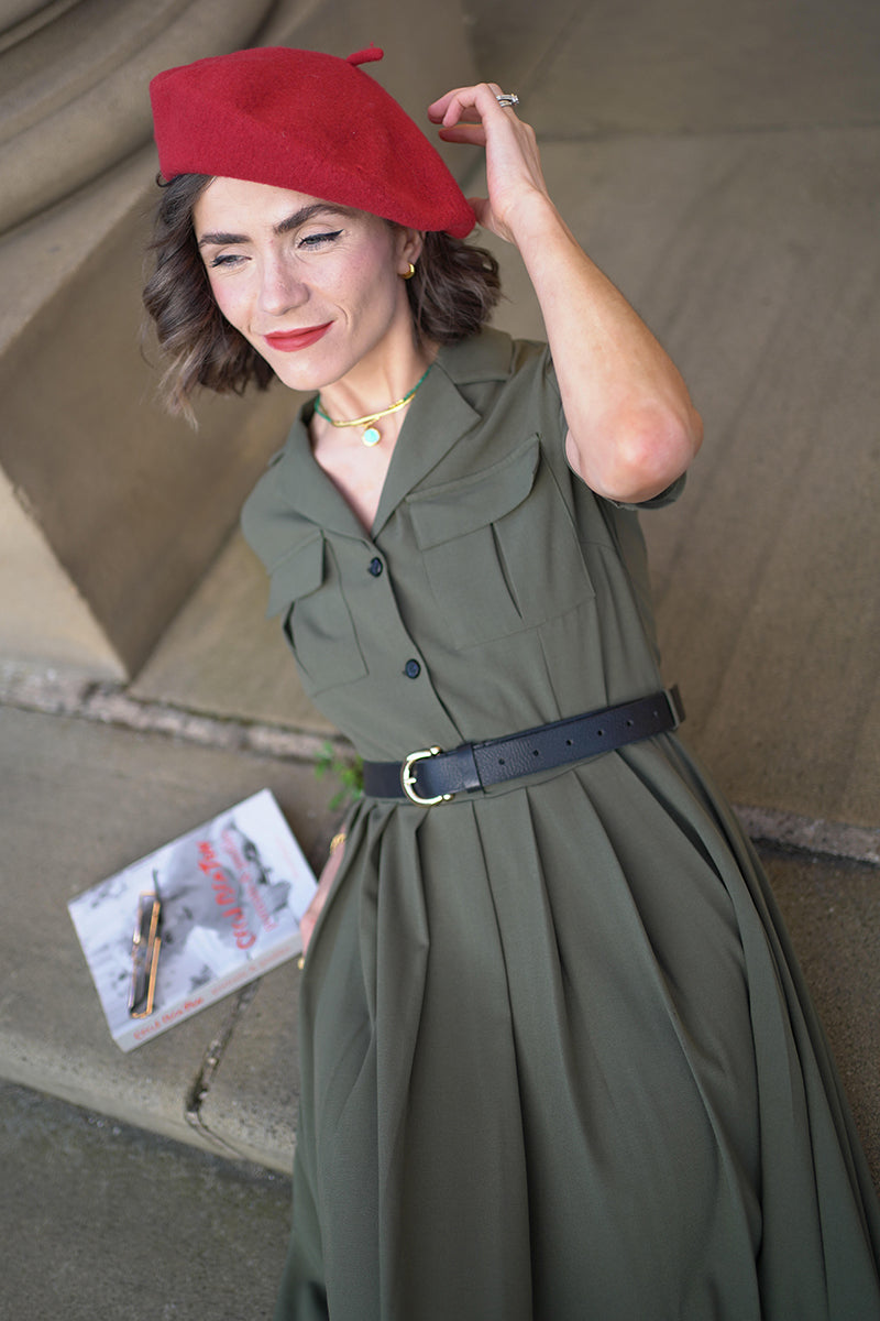 Midi Pleated Green Military Swing Shirt Dress 3703 - green / XS Midi Pleated Green Military Swing Shirt Dress 3703 - green / XS