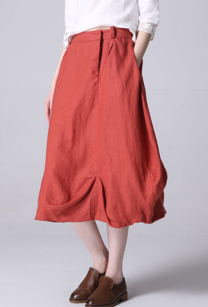 Orange Linen Maxi Skirt - Irregular Hem, Front Zipper 1194