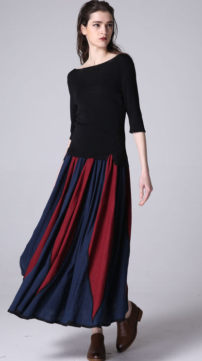 Royal Blue Red Patchwork Linen Maxi Skirt - Elastic Waist | Xiaolizi 1198