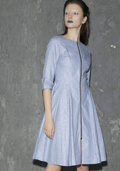 Light Blue Linen Midi Dress - Pleated Flowy Fit with Round Collar 1312
