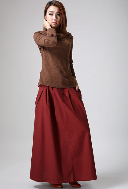 Red Linen Blend Maxi Skirt - Pleated Waist with Flap Pockets 901