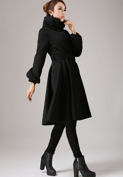 Wool Blend Winter Coat – Vintage Shawl Collar Belted A-Line Jacket 0753