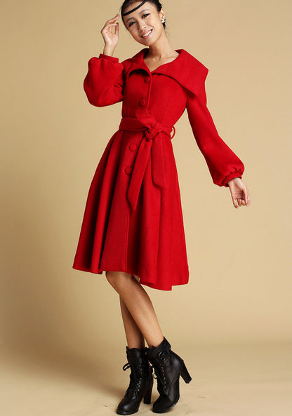 Handmade Red Wool Swing Coat – Elegant Winter Fit and Flare Overcoat with Belt | Xiaolizi 335