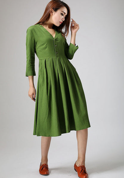 Green Linen Midi Dress - Pleated Waist V-Neck Casual Dress 891