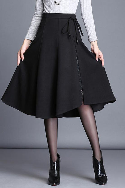 Black Polyester A-Line Midi Skirt - High Waist Elegant Silhouette S018