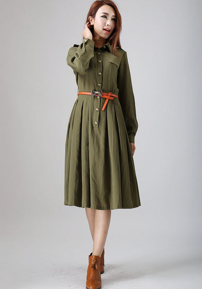 Army Green dress woman linen dress custom made midi dress 0797#
